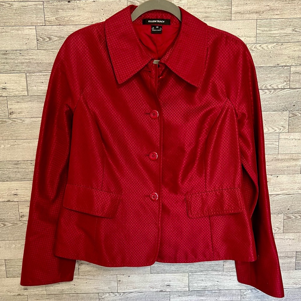 Ellen Tracy Deep Red Metallic Sheen Jacket Size 12 Textured,‎ Pockets, Lined